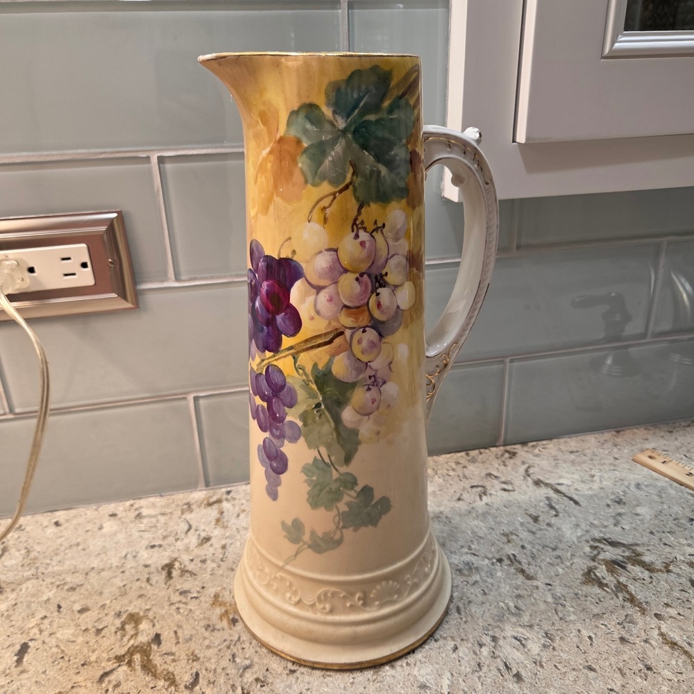 Antique Wm Guerin Limoges France Hand Painted Grape Porcelain Pitcher 14.5 Inch